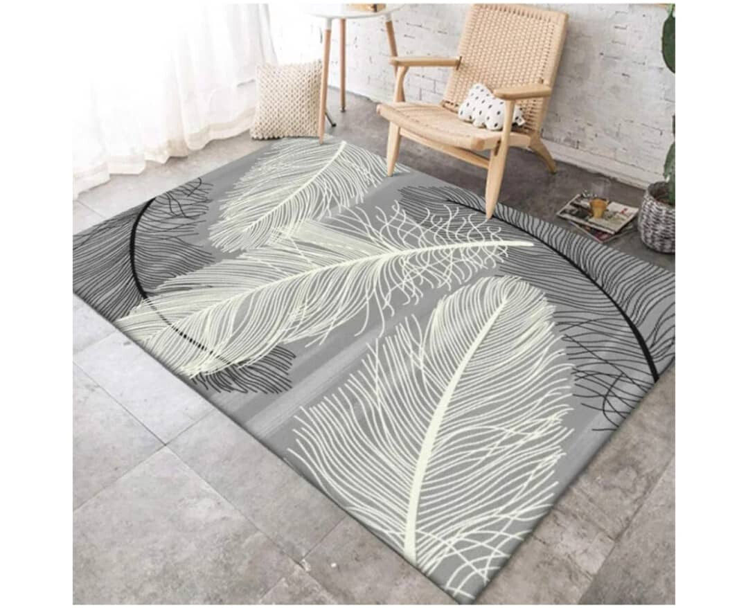 Grey Feather-Patterned Area Rug